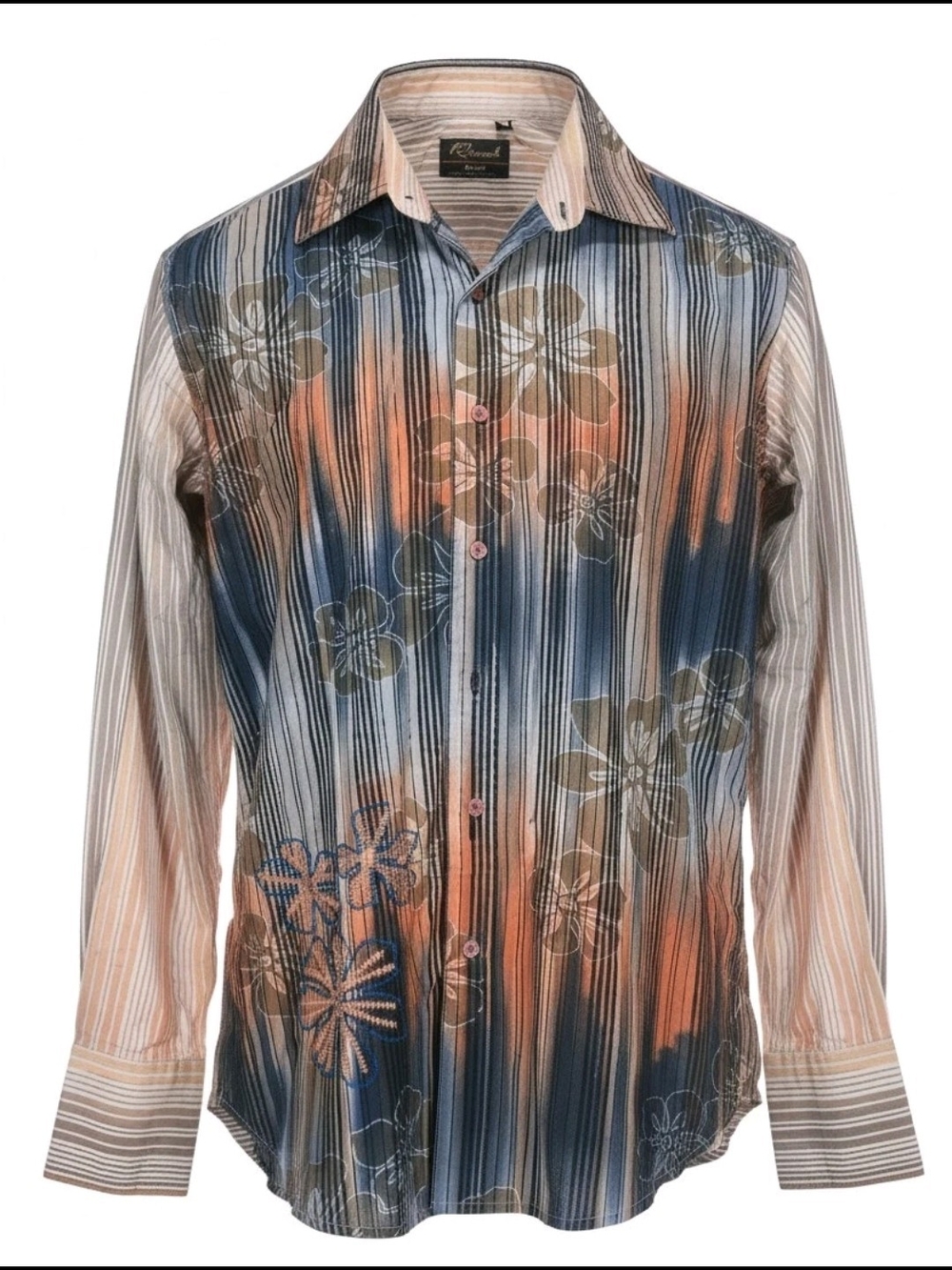 Vintage 7 Diamond Men's Floral Stripe Dress Shirt in Blue and Orange Size Large